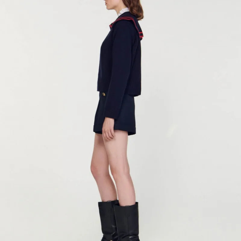 xakxx xakxx Woman Pullover Elegant Temperament Gentle Color Collision Side Lapel Buckle Knit Sweater
