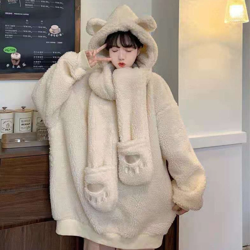 xakxx Black Friday Women Lamb Wool Two Piece Hoodies Kawaii Bear Ear Cap Faux Fur Loose Ladies Pullovers Warm Plush Thick Sweatshirts Top
