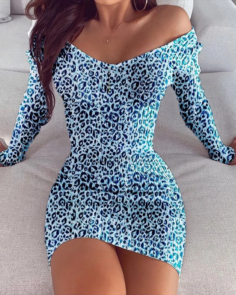 xakxx- 4 Colors Leopard Printing Mini Dress Sexy Lady V-Neck Long Sleeve Dresses Women Club Party Leopard Dress Large Size 5Xl
