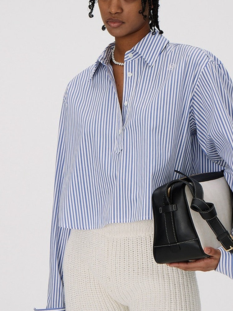 xakxx Women Casual Stripes Short Shirt Front Buttons Turn-Down Collar Embroidery Logo Ladies Long Sleeve Blouses