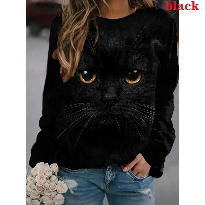 xakxx- Cartoon Cat T-Shirt Women Long Sleeve Round Neck Top Y2K Clothing Spring Autumn Casual Graphics Large Size Tee