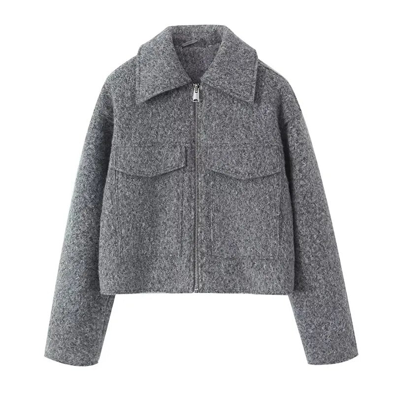 xakxx- Vintage Women Gray Cropped Woolen Jacket Long Sleeve Pockets Female Autumn Winter Short Coat