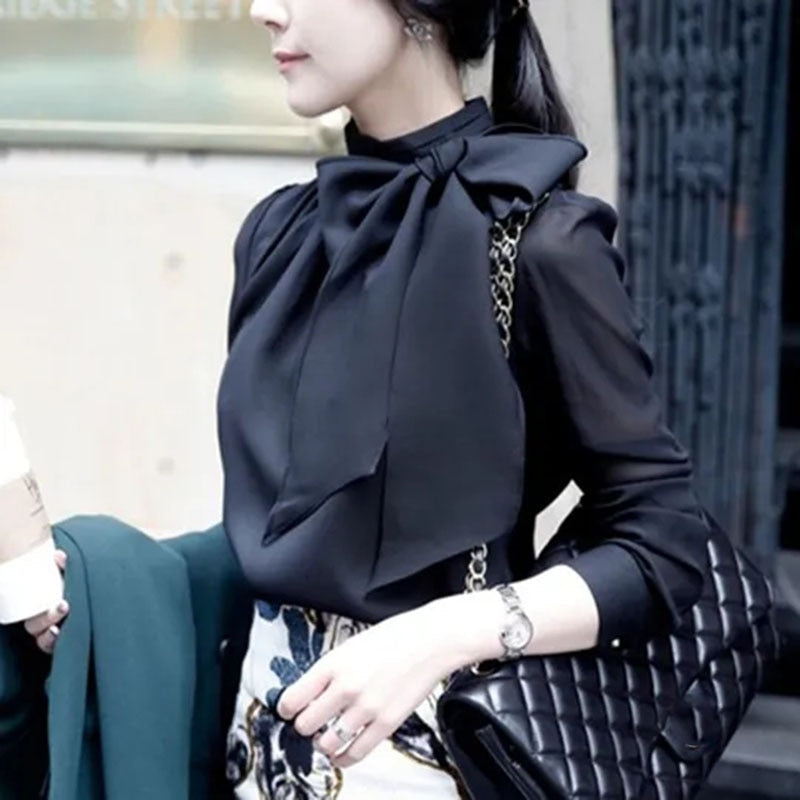 xakxx xakxx Black Friday Korean Women's Chiffon Blouses Autumn New Fashion Bow Long Sleeve Shirt Black White Elegant Streetwear Woman Tops