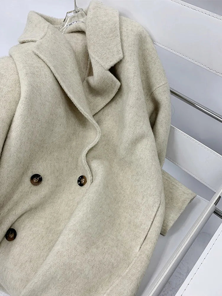 xakxx-New Women High Quality Alpaca Double-sided Wool Coat Loose Lapel Long Sleeve Fashion Lace-up Natural Woolen Jacket Autumn Winter