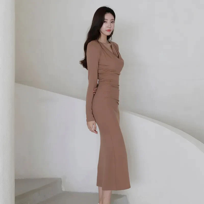 xakxx Women Long Sleeve Autumn Plie Neck Ruched Bodycon Slim Dress Office Ladies Party Sexy Ankle-Length Vestidos Femme Clothes