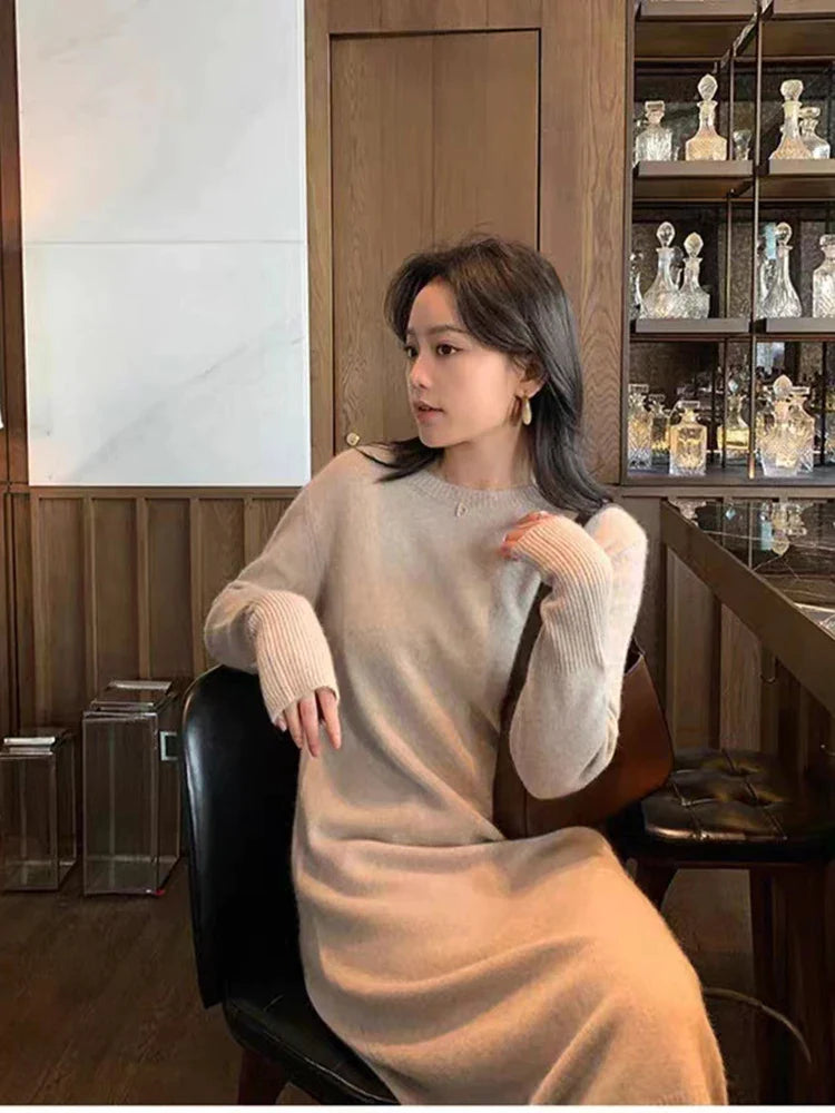 xakxx xakxx-Simple round neck pure cashmere knit dress women's knee-high autumn and winter new coat with long sweater skirt.