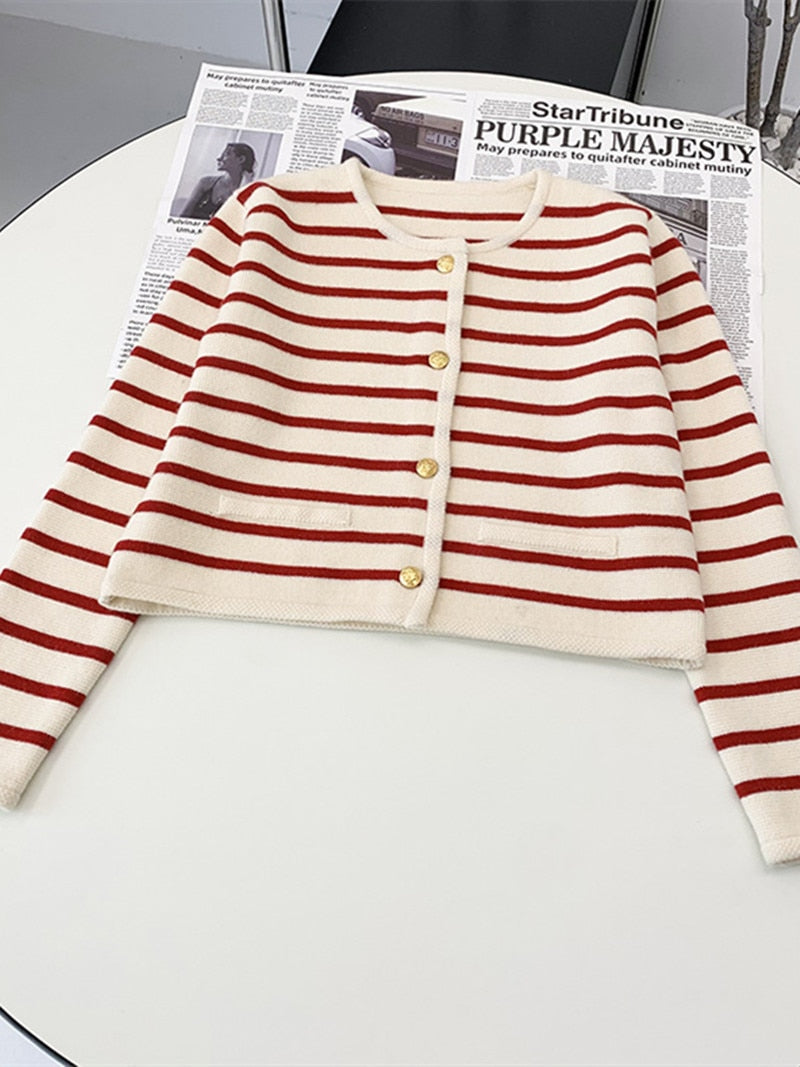 xakxx Women Single Breasted Striped Cardigan Jacket O-Neck Long Sleeve Casual Slim Short Knitted Coat for Ladies Spring