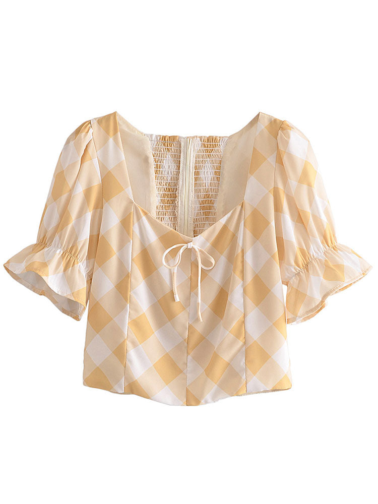 xakxx xakxx Summer Women Blouses Yellow Short Sleeves Back Zipper Front Ties Plaid Flare Sleeves Square Collar Chiffon Slim Shirt Ladies