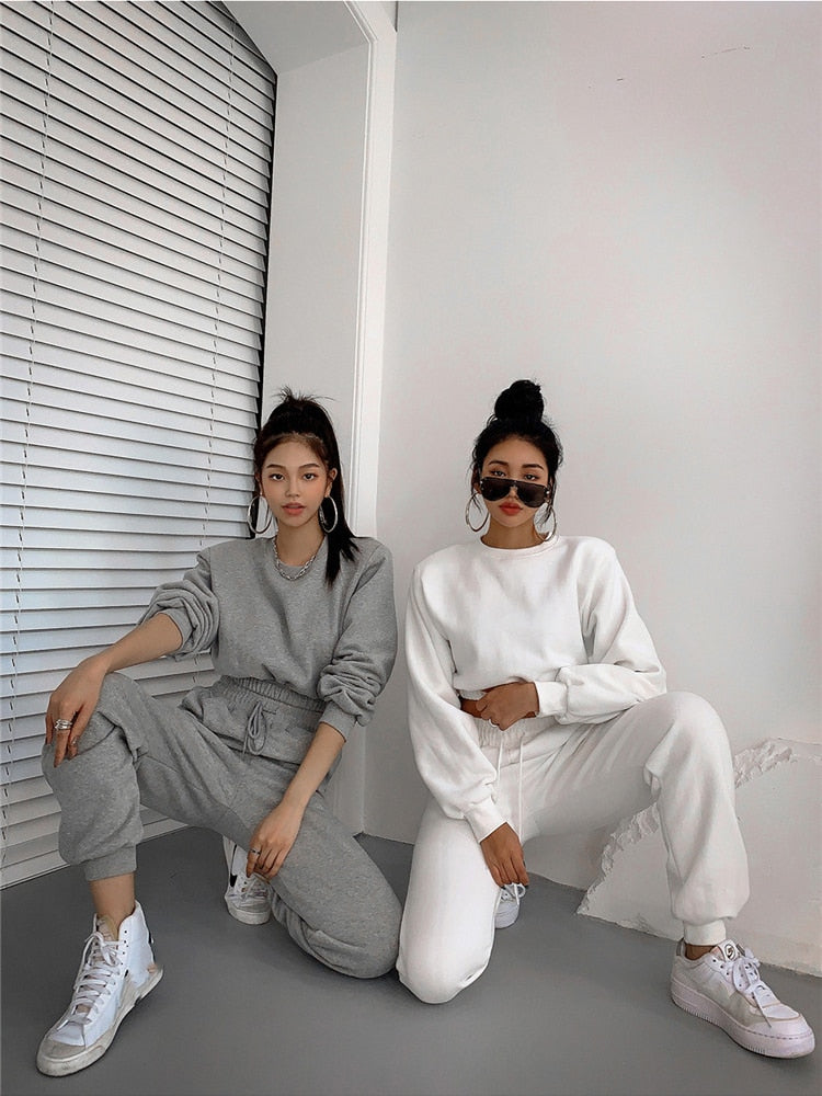 xakxx Women Pullover Hoodies Sweatshirts Suit Winter Spring Solid Casual Tracksuit Fleece 2 Pieces Set Sweatpants Quality Outfits