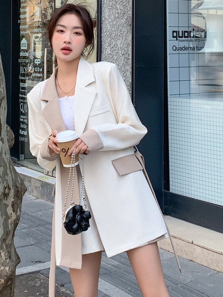 xakxx Women Contrast Color Lace-up Blazer Coat Long Sleeve Patchwork Pocket Suit Jacket Spring Summer New Tide Top 16Y7915