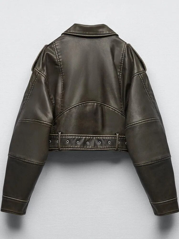 xakxx- Spring new women's front pocket with straps on shoulder lapel long-sleeved imitation leather jacket