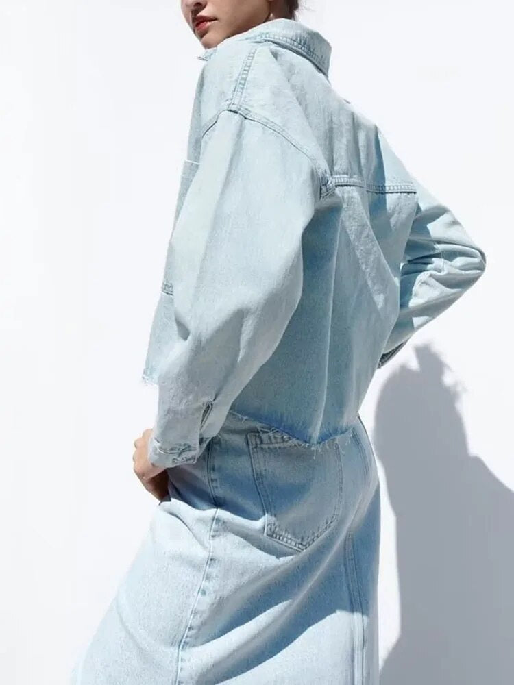 xakxx- New Women's Clothes Temperament Fashionable Casual Front Metal Button Closure Cropped Denim Jacket Outerwear