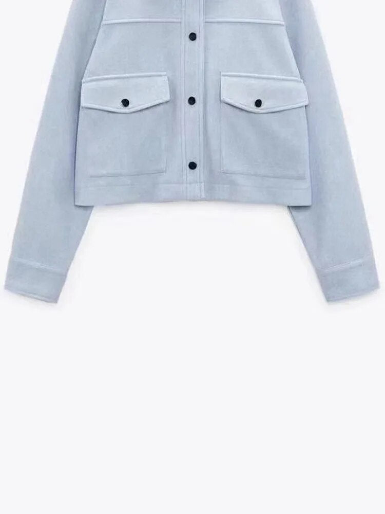 xakxx- Spring new women's front metal snap closure with patch pocket lapel long-sleeve soft jacket jacket