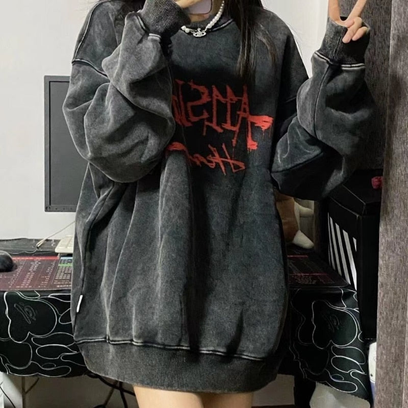 xakxx Emo Gothic Print Oversized Sweatshirts Women Harajuku Vintage Loose Hoodies Long Sleeve Crewneck Pullovers Female Tops