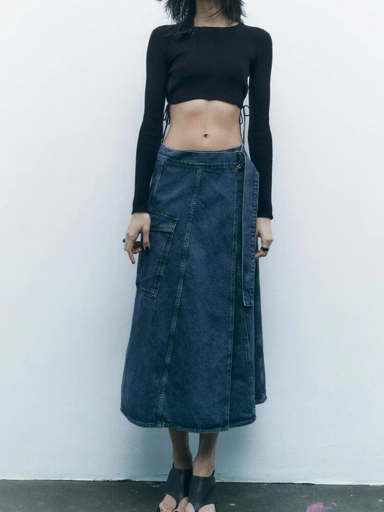 xakxx xakxx - spring new women's wrap-around type design high waist open casual hundred with belt work secti on denim skirt
