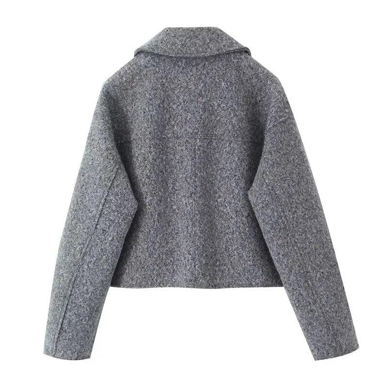 xakxx- Vintage Women Gray Cropped Woolen Jacket Long Sleeve Pockets Female Autumn Winter Short Coat