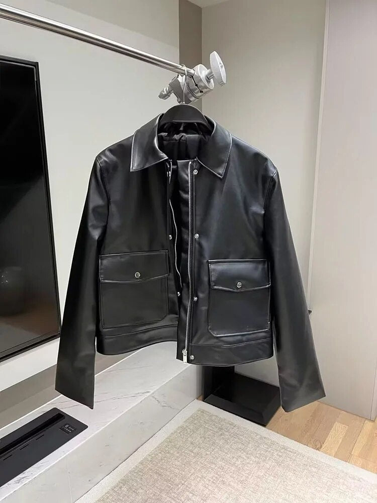 xakxx- spring new women's black loose casual hundred sexy Riley retro lapel temperament imitation leather jacket jacket