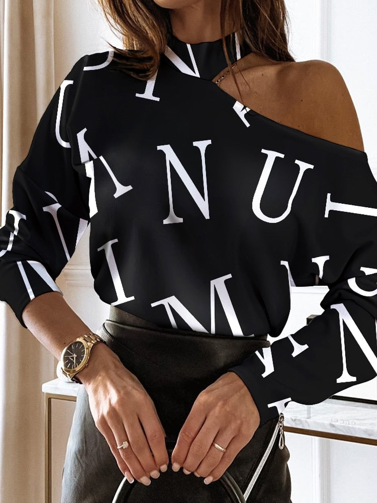 xakxx xakxx Autumn outfits Women Elegant Fashion Long Sleeve Blouses Tops Could Shoulder Letter Casual Blouse