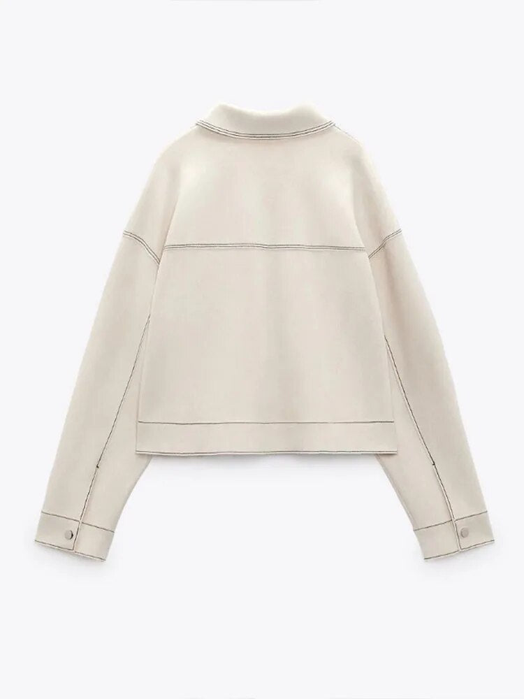 xakxx- spring new women's casual and versatile temperament retro lapel pocket loose collision color short jacket