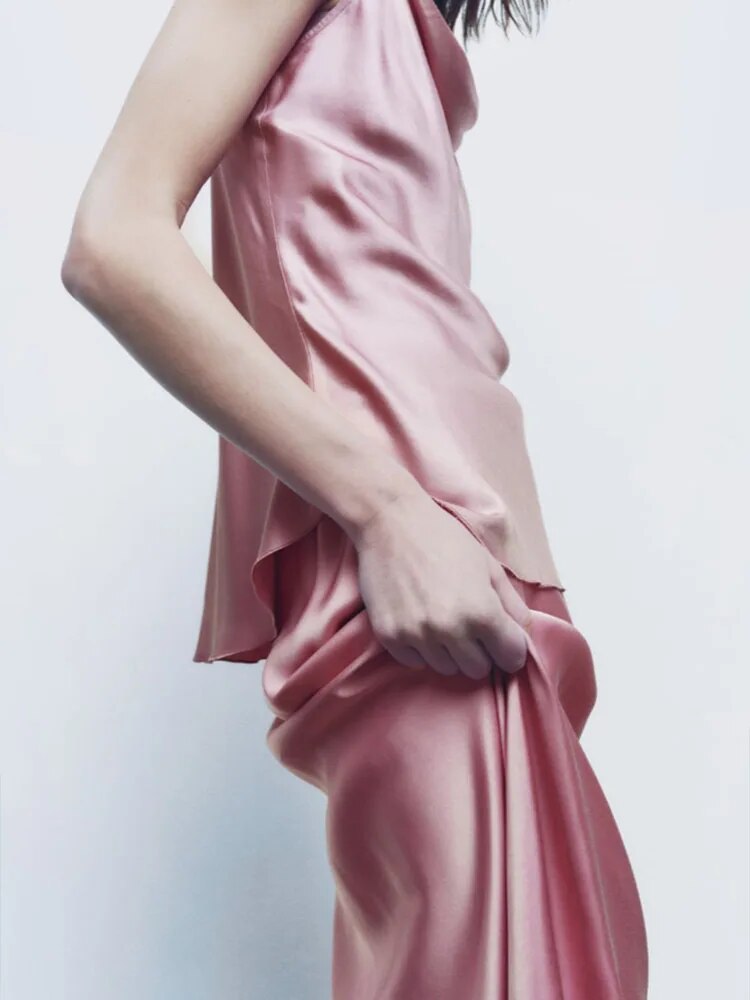 xakxx xakxx - New Women's Fashion Versatile Silk Slippery Pink Temperament Ruili Sling Top Skirt Set