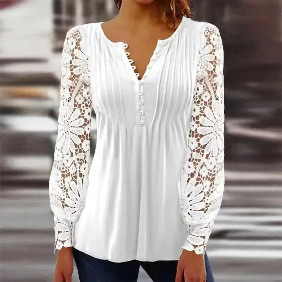 xakxx- Sexy Lace Blouses Women V Neck Hollow Out Long Sleeve Pleated Button Tops Female New Clothes Large Shirts
