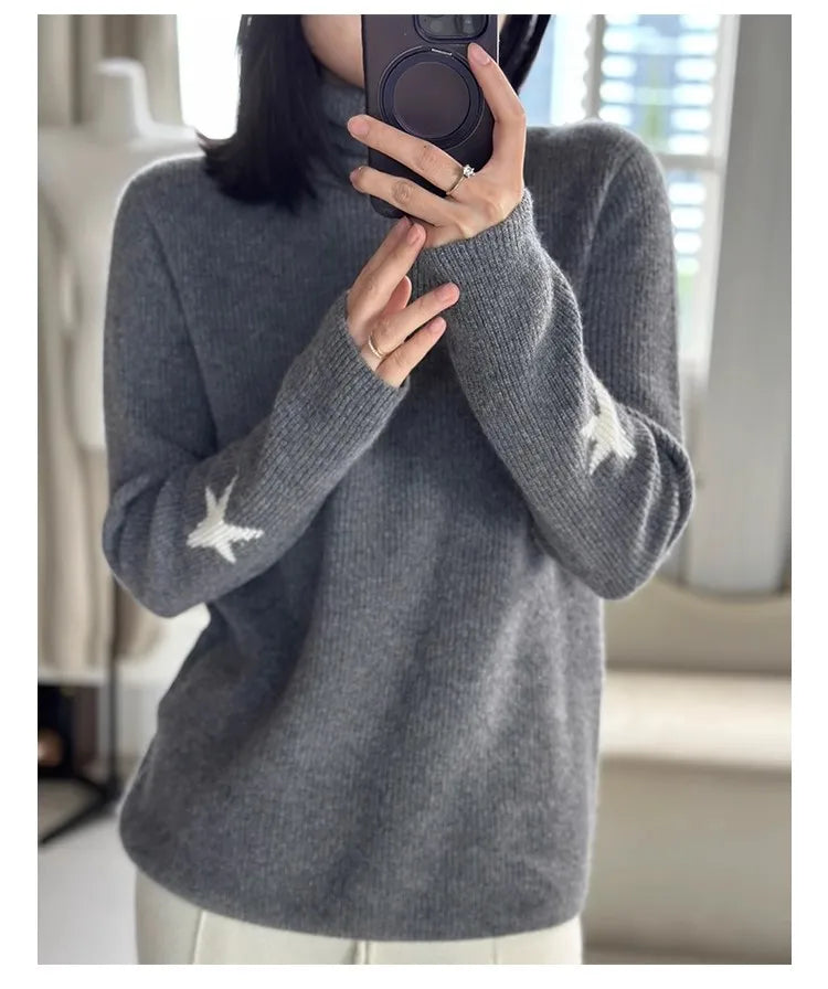 xakxx xakxx-Pure cashmere thick high-necked bottoming shirt female gold ingot needle pile collar knitted cuff star sweater