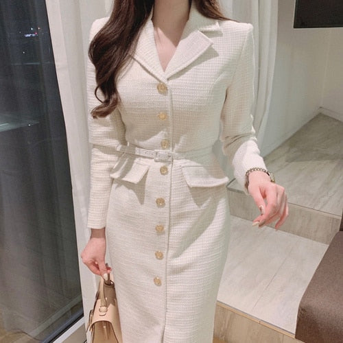 xakxx Women Beautiful Women Clothes Lace-up Waist Office Lady Ladies Tweed Dress Spring Sweet Notched Collar Slim Dresses