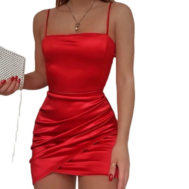 xakxx- Sexy Off Shoulder Bodycon Dresses Women Hot Mini Slip Dress Lady Night Club Sleeveless Tight Fold Design Slim Fit Short Dresses