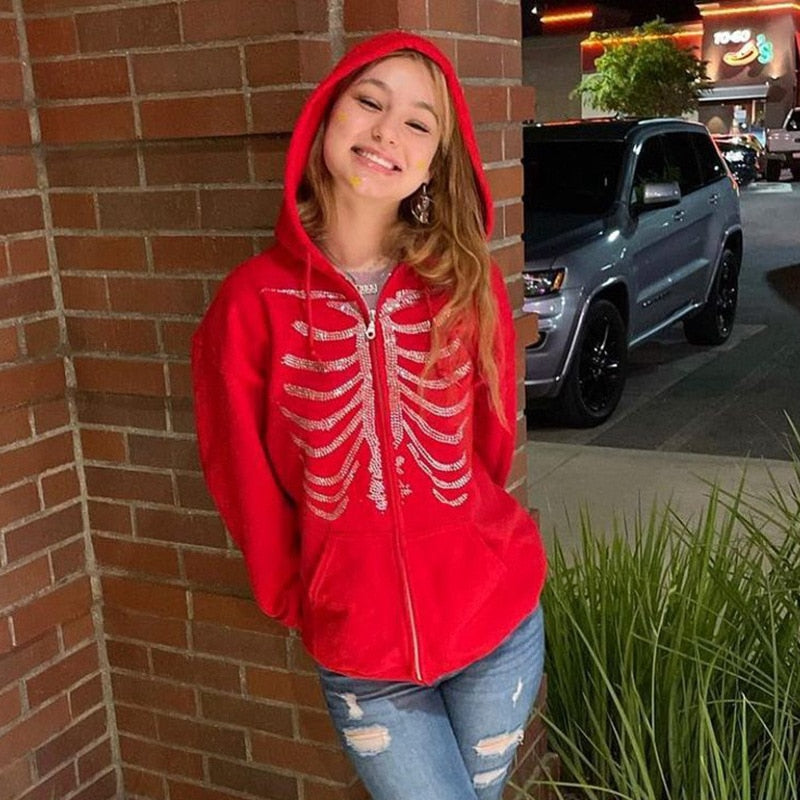 xakxx Y2K Rhinestone Skeleton Zip Up Hoodies Women Oversized Sweatshirts Winter Grunge Gothic Black Hooded Female Jackets Streetwear