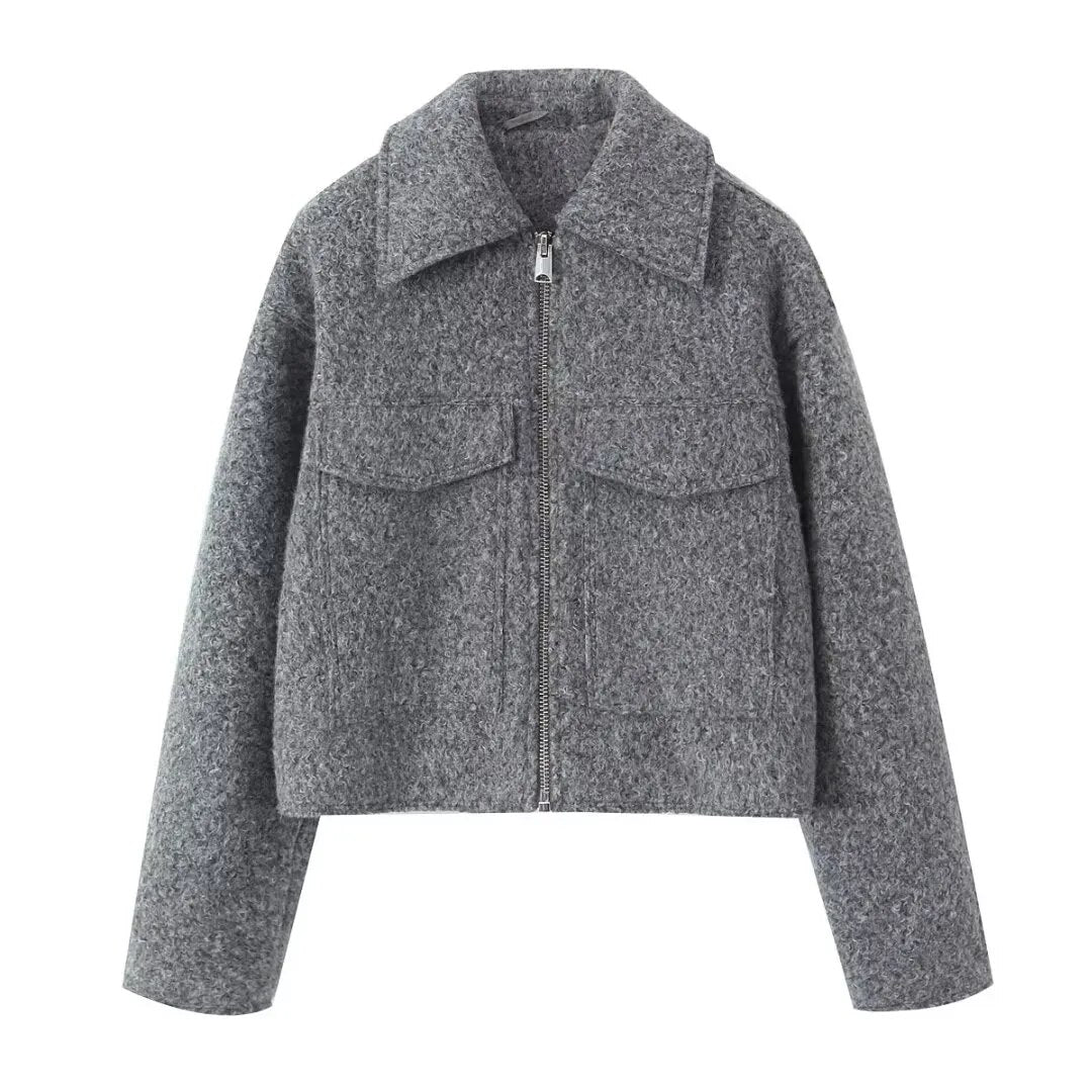 xakxx- Vintage Women Gray Cropped Woolen Jacket Long Sleeve Pockets Female Autumn Winter Short Coat