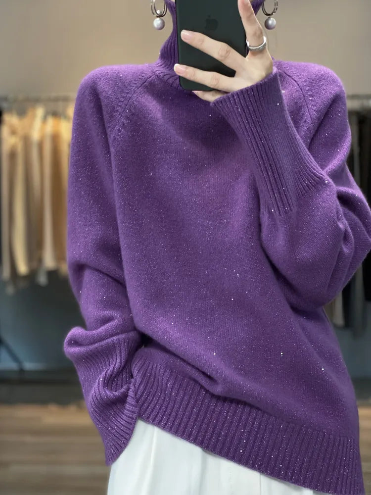 xakxx xakxx-Loose sequined turtleneck 100% cashmere sweater thick sweater female Korean version of winter new wool bottoming sweater