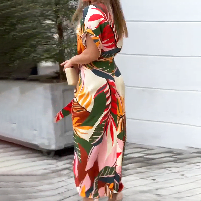 xakxx Women Lapel Tie Leaf Print Midi Dress Short Sleeve Tie Long Skirt Sexy Party Dress Elegant High Streetwear