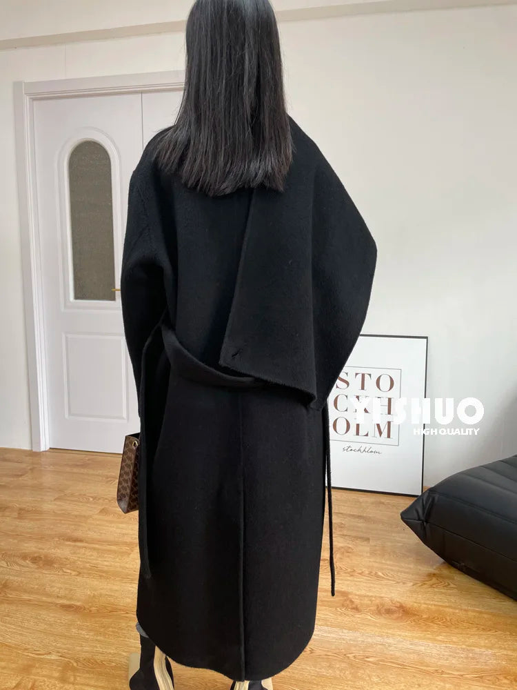 xakxx xakxx-New Fashion Scarf Collar Warm Double-sided Wool Coat Loose Women Fashion Double-breasted Long Woolen Coat Female Clothing Autumn