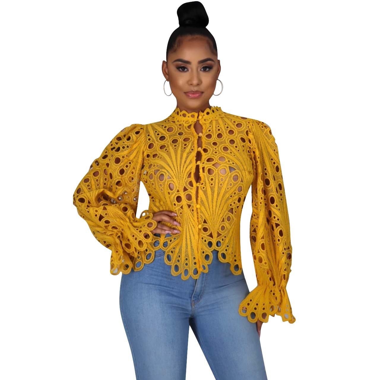 xakxx Women White Lace V Neck Hollow Out T-Shirts Long Sleeve Blouse Eyelet Embroidery Button Front Bell Sleeve Tops