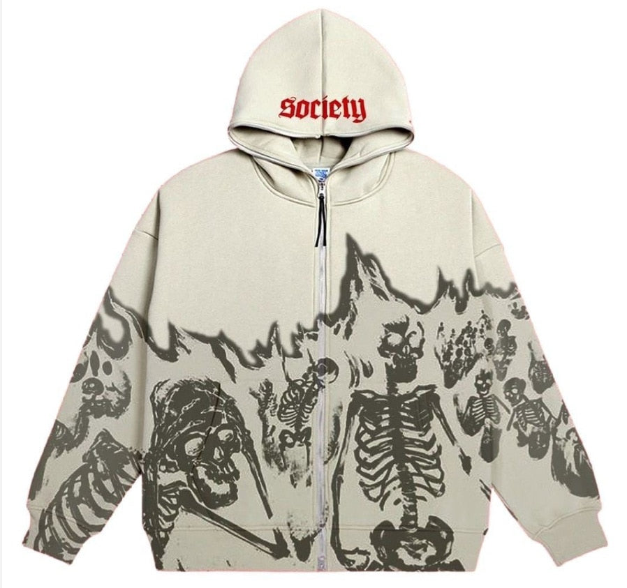 xakxx Vintage Printed Hoodies High Street Zip Up Hooded Sweatshirt Jacket Harajuku Goth Oversized Autumn Winter Streetwear Hoodie Tops