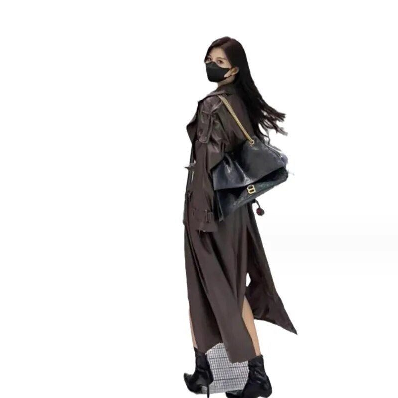 xakxx xakxx-Leather Long Trench Coat Women Autumn Fashion Loose Coffee PU Windbreaker Trench Coat For Women Plus Size