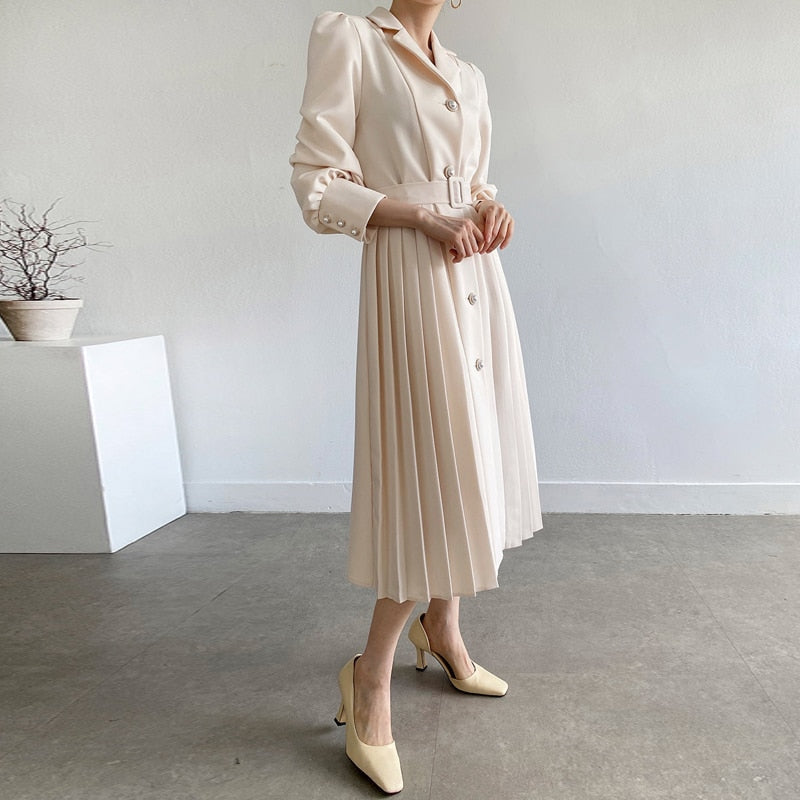 xakxx Elegant Women Spring Notched Collar Suit Single-Breasted Office Lady Full Sleeve High Waist Female Pleated Midi Dress