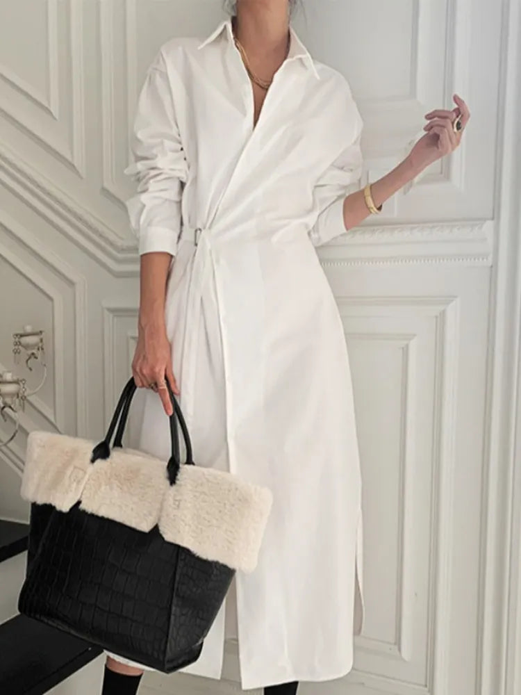 xakxx Spring Women Casual Sashes Shirt Dress Vintage A-Line Office Lady Elegant Dresses Female Midi Dress