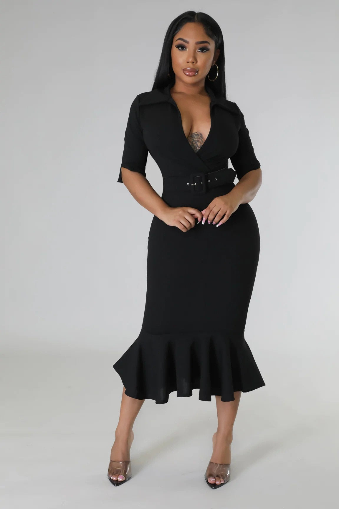 xakxx Women's Formal Dress POLP Collar Elegant Ruffle trim Women's Fashion Casual Belt Evening Dress For Women