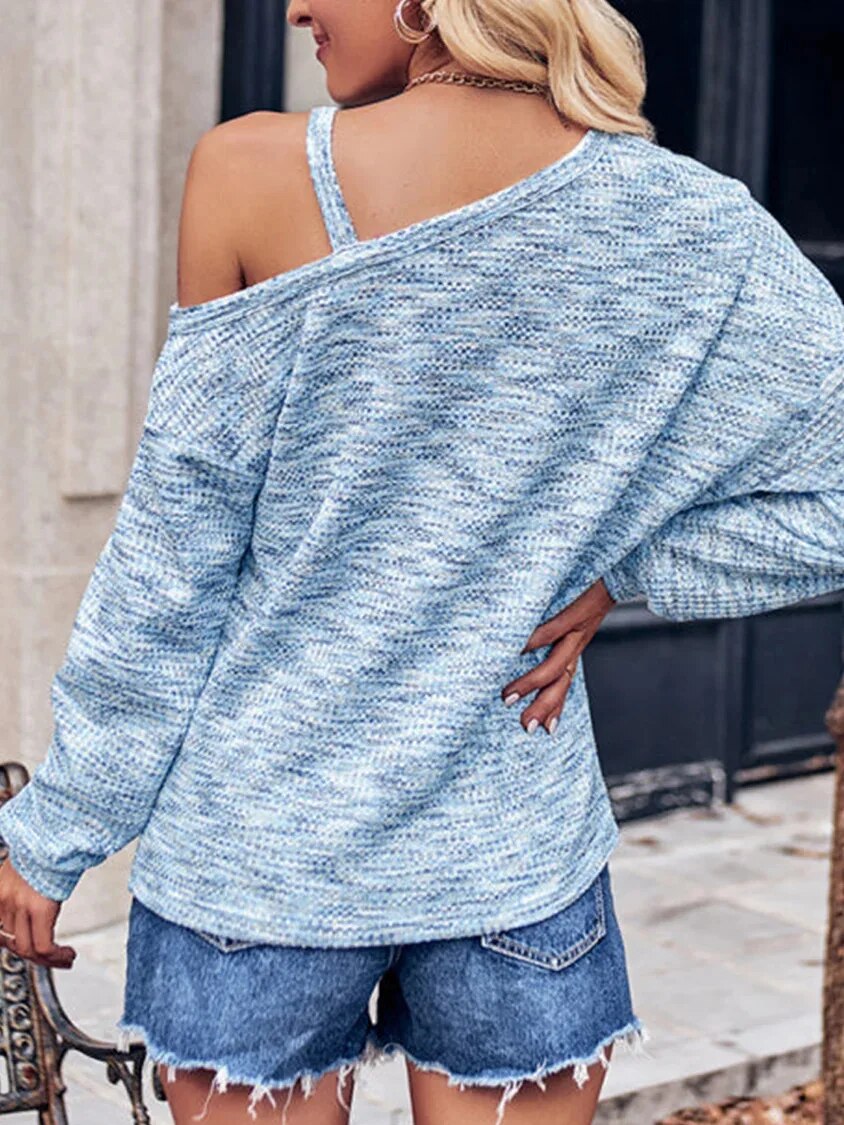 xakxx xakxx- Sexy Asymmetrical T-Shirt Women Metal Chain Off Shoulder Skew Collar Long Sleeve Spring Autumn Pullover Y2K Tops