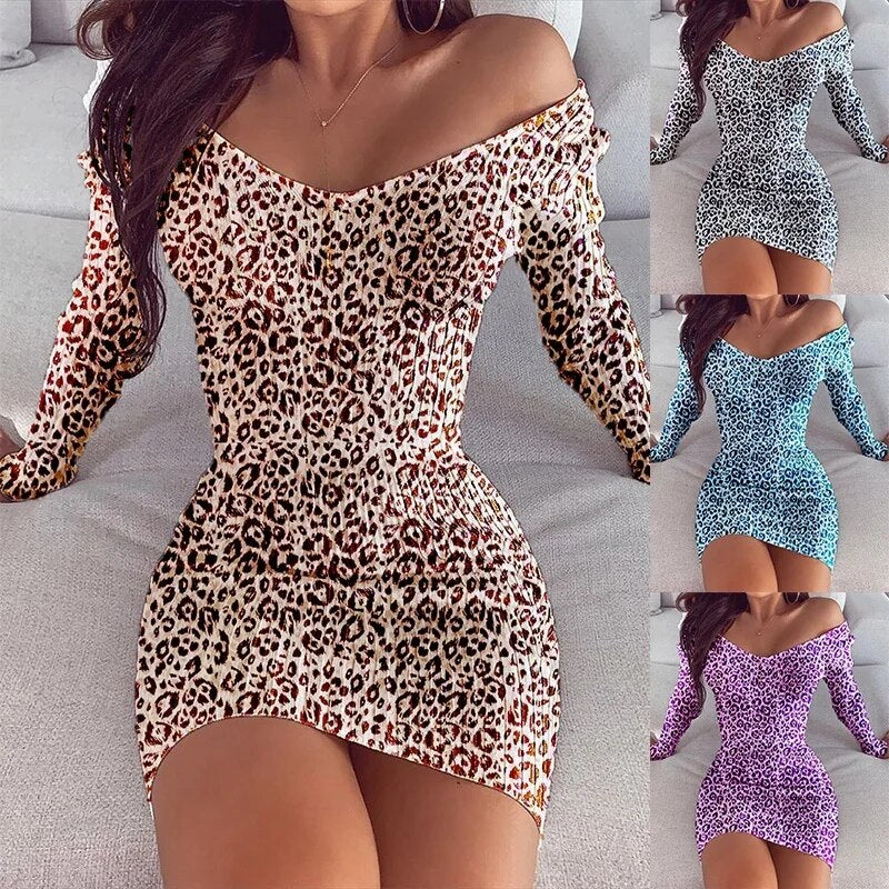 xakxx- 4 Colors Leopard Printing Mini Dress Sexy Lady V-Neck Long Sleeve Dresses Women Club Party Leopard Dress Large Size 5Xl