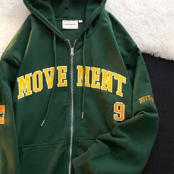 xakxx Vintage Oversized Hoodies Women Letter Printing Zip Up Sweatshirts Streetwear Casual Long Sleeve Hooded Sweatshirt Clothes Top