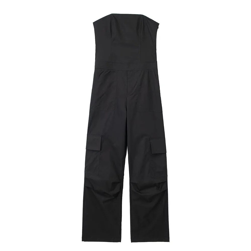 xakxx xakxx- New women's off-shoulder design, concealed zipper closure at side seam, long workwear jumpsuit