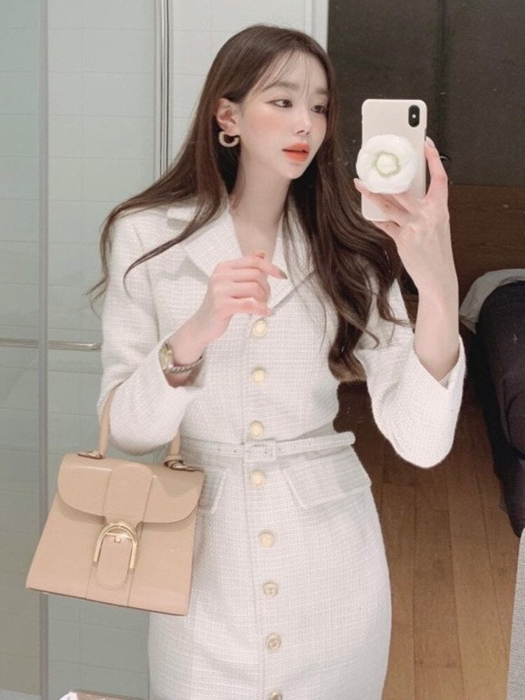 xakxx Women Beautiful Women Clothes Lace-up Waist Office Lady Ladies Tweed Dress Spring Sweet Notched Collar Slim Dresses