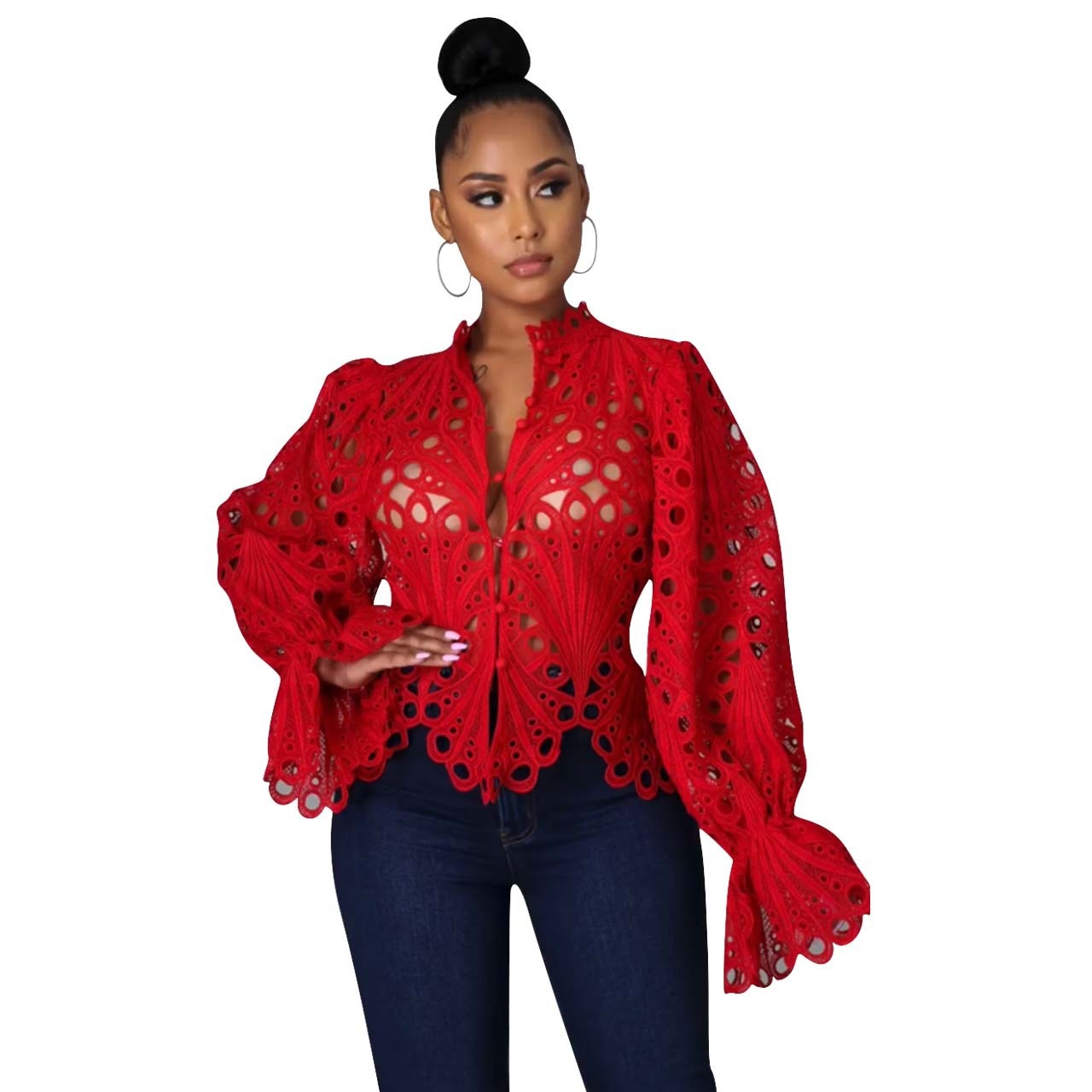 xakxx Women White Lace V Neck Hollow Out T-Shirts Long Sleeve Blouse Eyelet Embroidery Button Front Bell Sleeve Tops