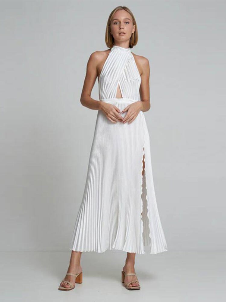 xakxx Women Chic Solid Hollow Out Lace Up Dresses Spring Casual Solid Slim A Line Beach Robe Sexy Halter Backless Slit Pleated Dress
