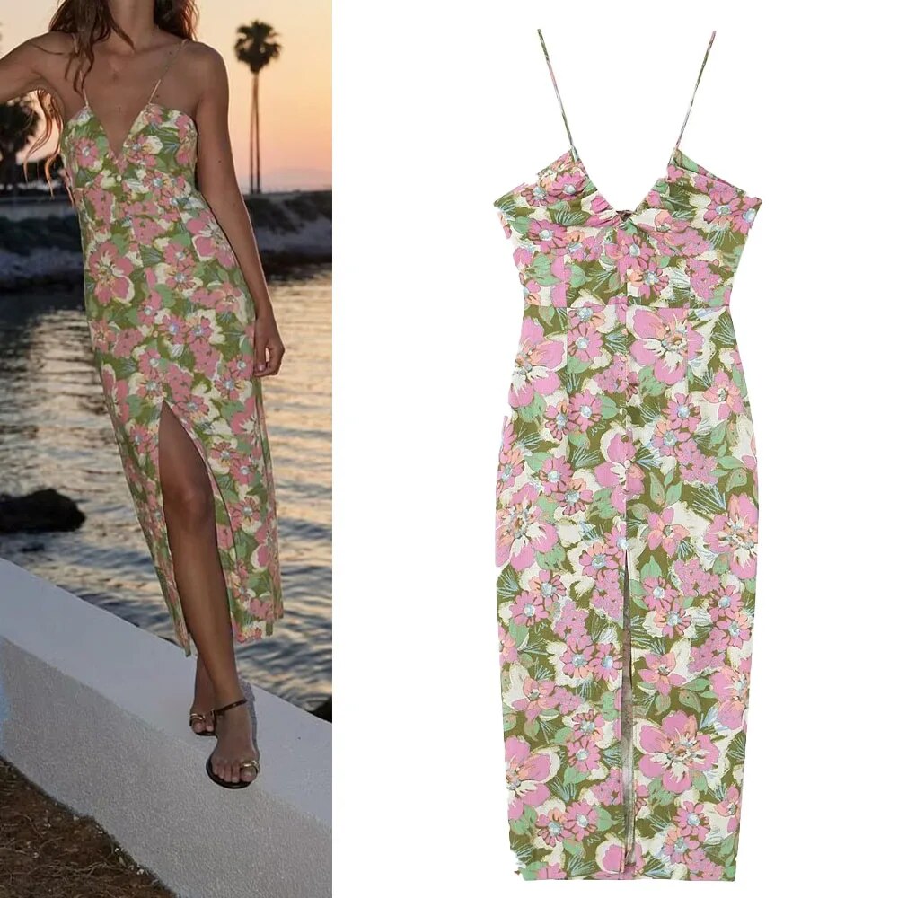 xakxx- New Summer Temperament Casual Sexy V-neck Pleated Decorative Linen Blended Flower Print Dress for Women