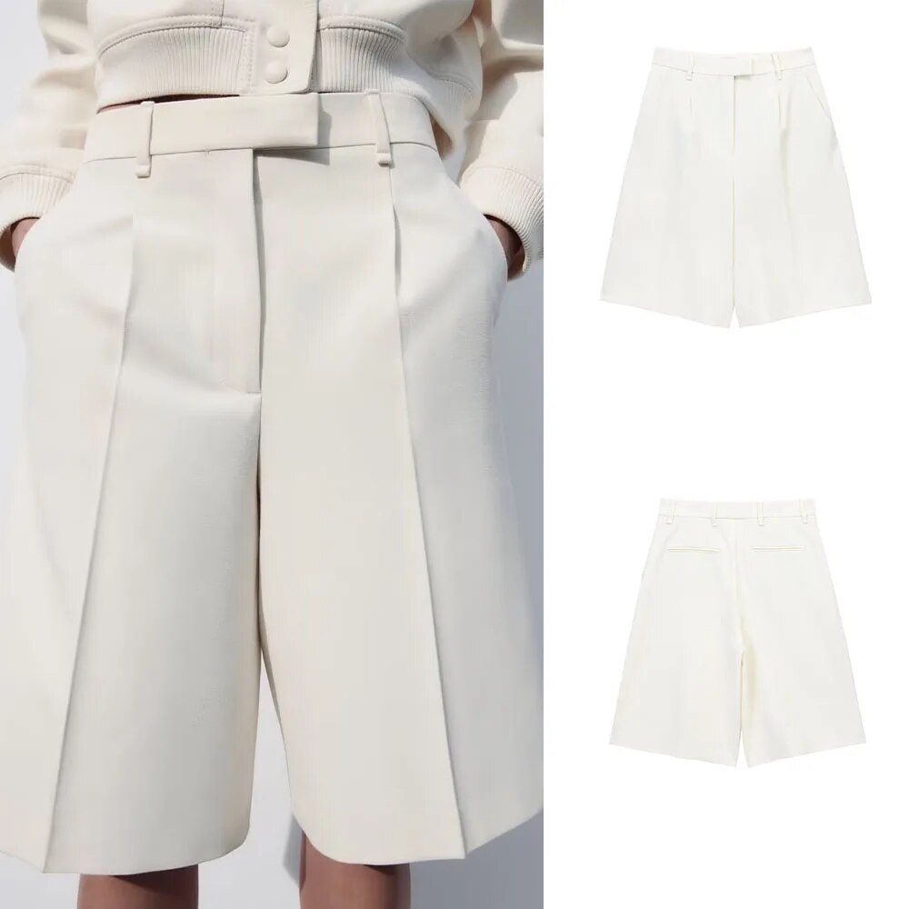 xakxx xakxx - New Women's Style Fashion Casual Front Zipper Button and Metal Hook Button Closed Pleated Design Long Casual Shorts
