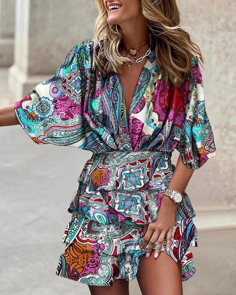 xakxx- 7 Colors Women Summer Dress V Neck Batwing Sleeve Ruffle Mini Dress Female Geometric Multicolor Boho Beach Party Dresses