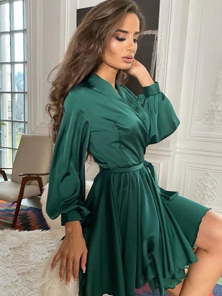 xakxx Sexy Satin Sashes A Line Mini Dress Lantern Sleeve Elegant Party Dress Spring Fashion Women's Clothing Streetwear Vestidos